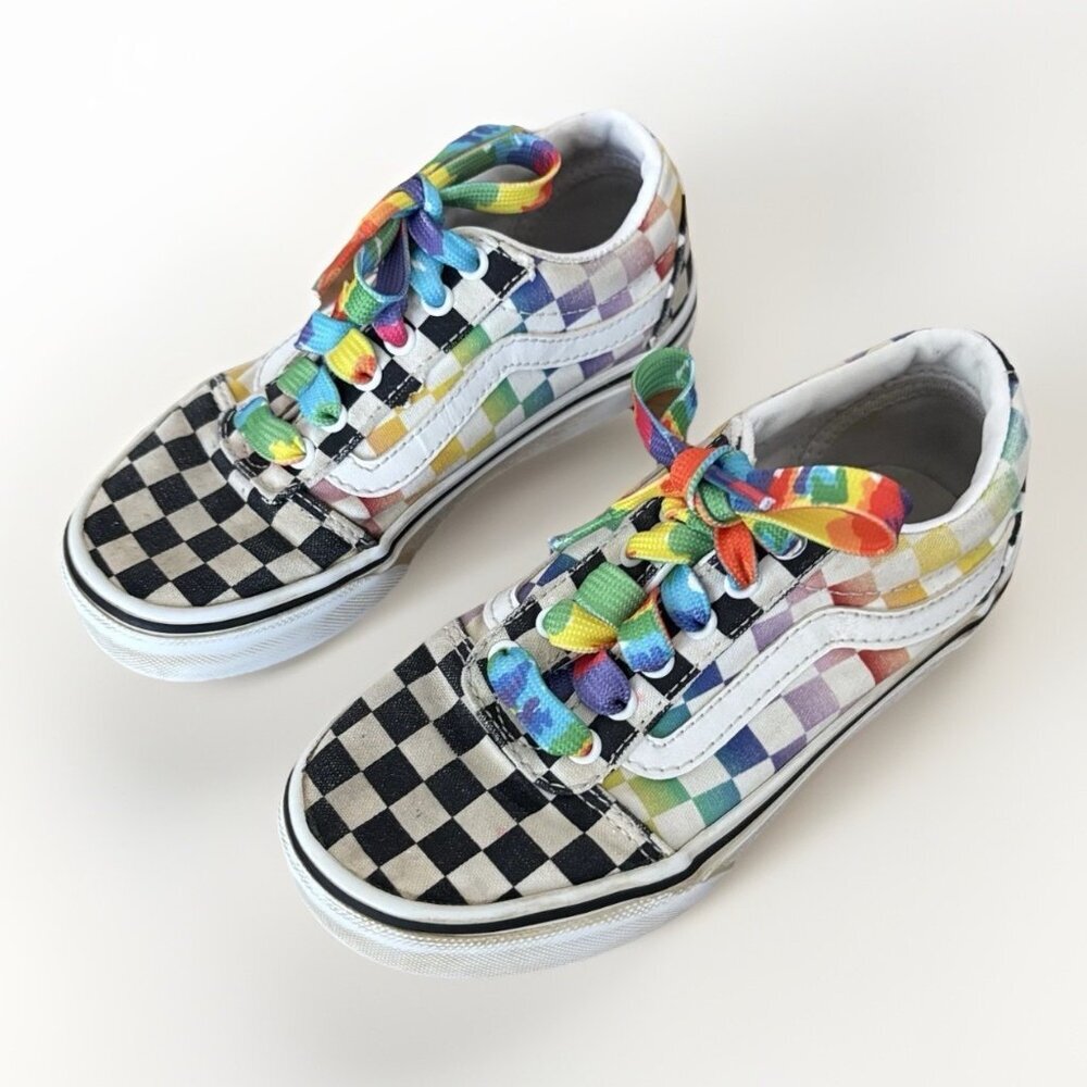 Vans Checkered Sneakers Shoes Multicolor Rainbow‎ Laces Little Kids Size 12 PLAY